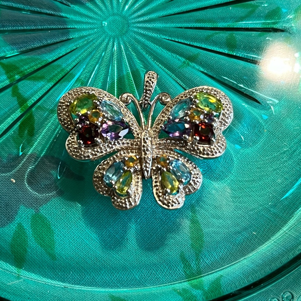 Vintage Whimsigoth Multi Gemstone Sterling Silver 925 Butterfly Pendant